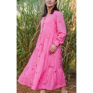 The Brass Monkey Pink Long Sleeve Tiered Maxi Dress Sz. XS